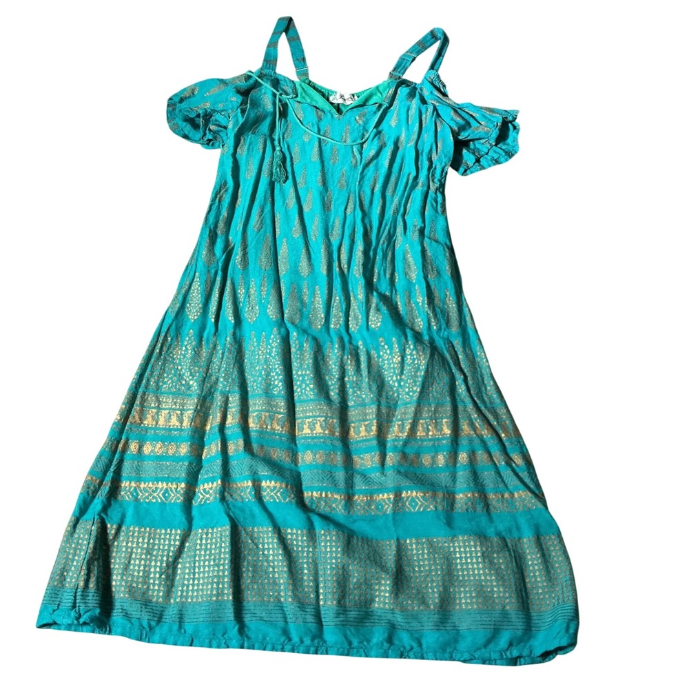 Lapogee Boho Gold Metallic Block Print Cold Shoulder Dress Women S Blue India